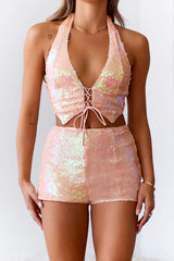 HELLO MOLLY Crystal Ball Sequin Crop Top Peach