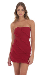 Mesh Strapless Ruffle Dress in Red