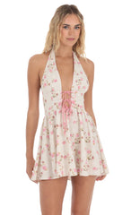 Floral Plunge Neck Dress in Cream