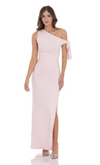 Off Shoulder Tie Strap Maxi Dress in Pink