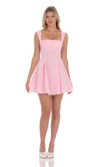 Embroidered Strap Fit and Flare Dress in Pink