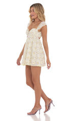 Embroidered Floral Babydoll Dress in Yellow
