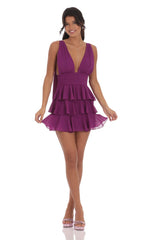 Plunge Neck Ruffle Dress in Purple