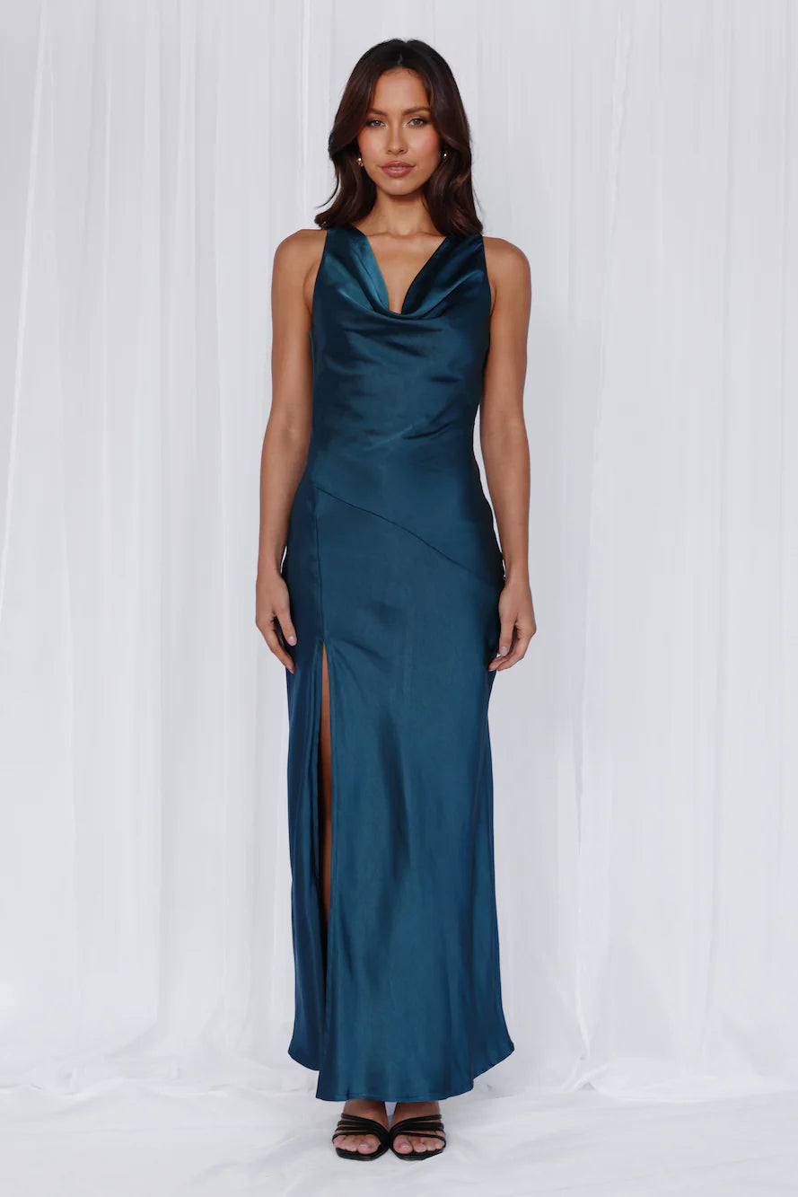 HELLO MOLLY The Loretta Cowl Satin Maxi Dress Teal