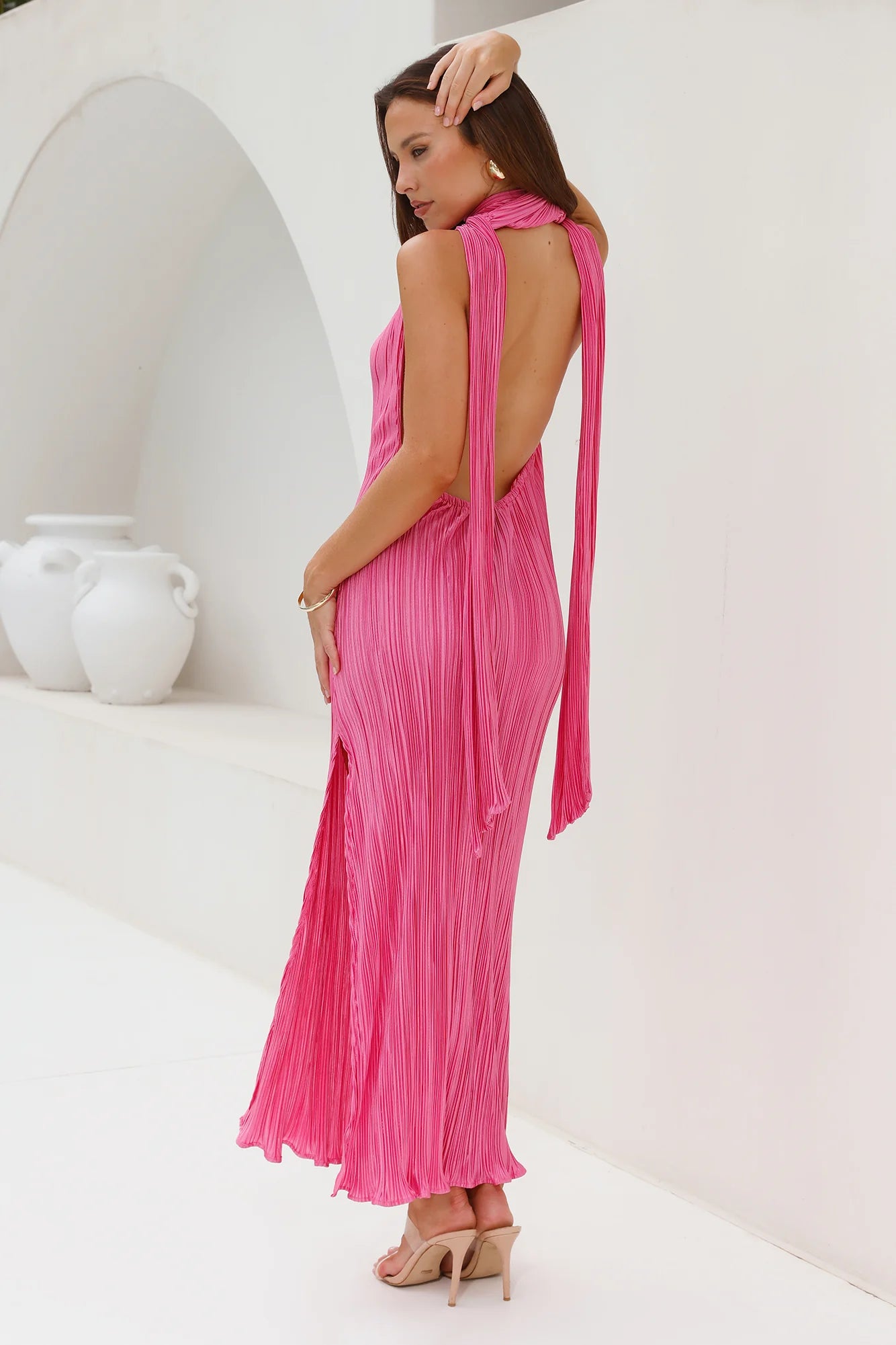 HELLO MOLLY Excitement Plisse Halter Maxi Dress Pink