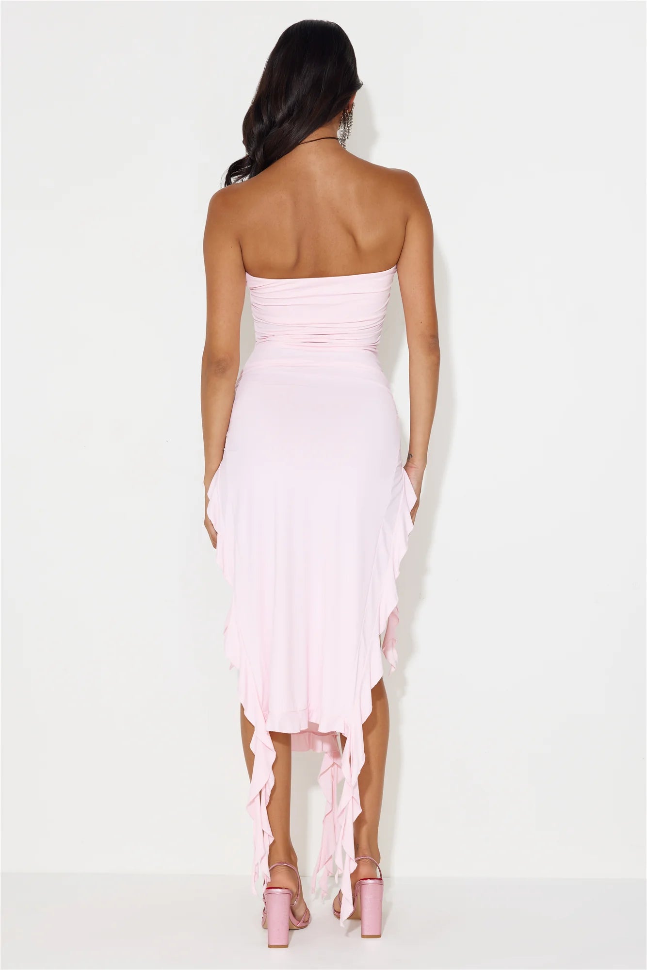 HELLO MOLLY All The Frills Strapless Midi Dress Light Pink