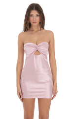 Satin Strapless Twist Cutout Dress in Lilac