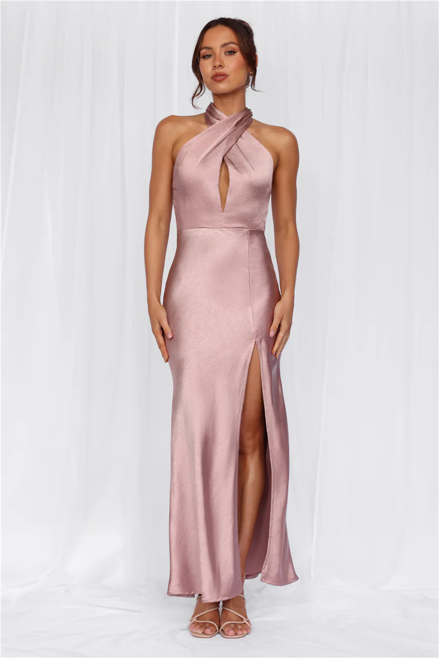HELLO MOLLY The Adeline Halter Satin Maxi Dress Dusty Pink