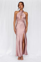 HELLO MOLLY The Adeline Halter Satin Maxi Dress Dusty Pink
