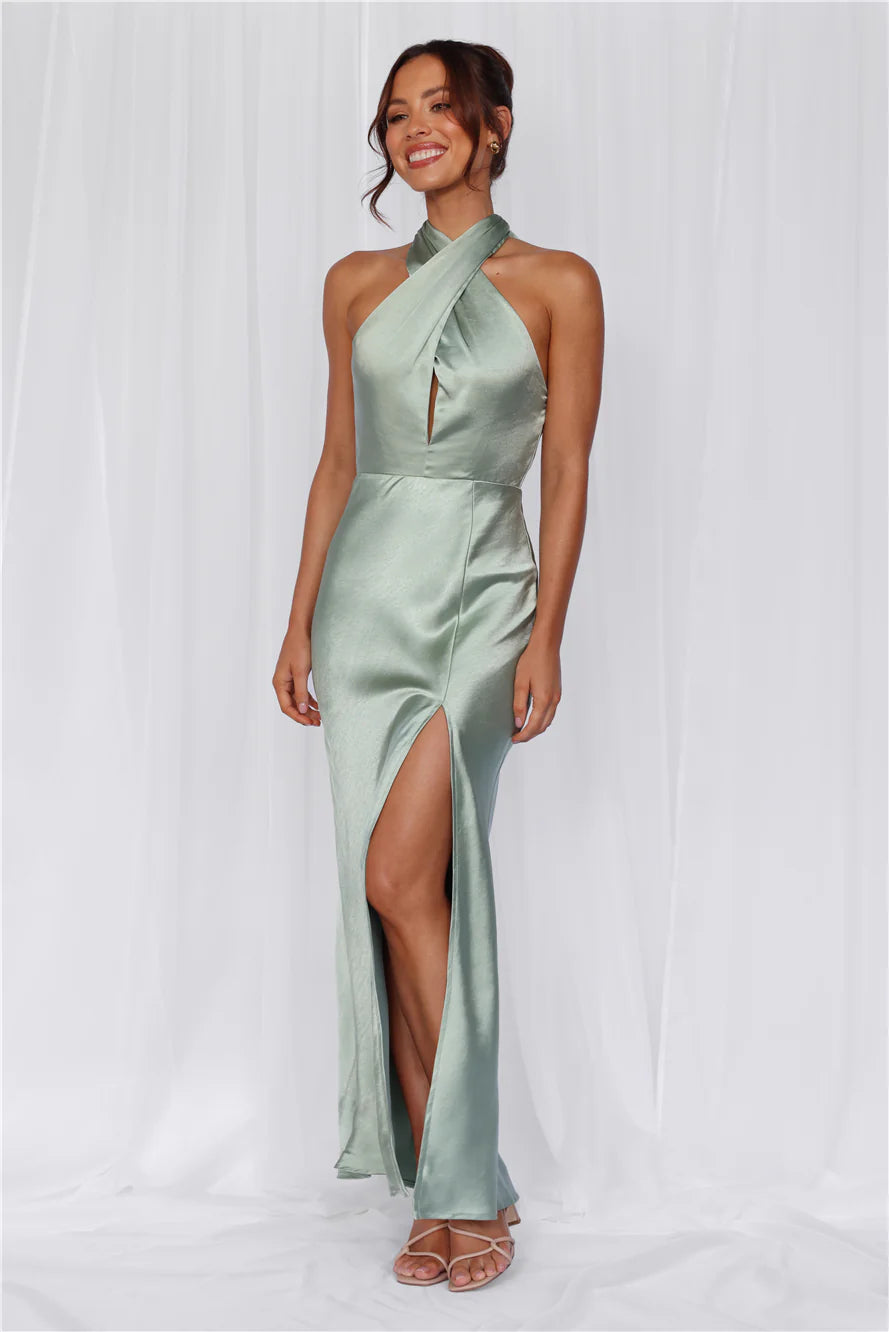 HELLO MOLLY The Adeline Halter Satin Maxi Dress Sage
