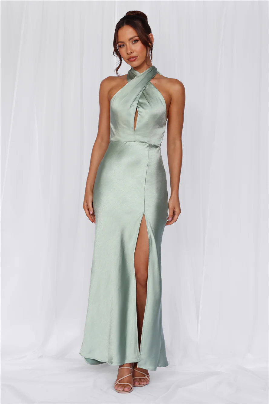 HELLO MOLLY The Adeline Halter Satin Maxi Dress Sage