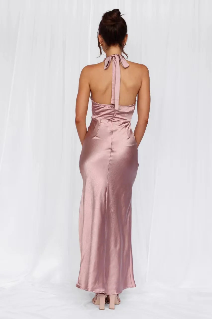 HELLO MOLLY The Adeline Halter Satin Maxi Dress Dusty Pink