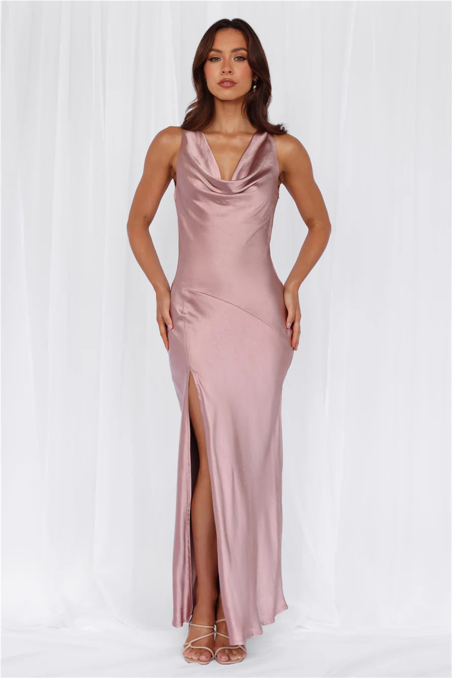 HELLO MOLLY The Loretta Cowl Satin Maxi Dress Dusty Pink