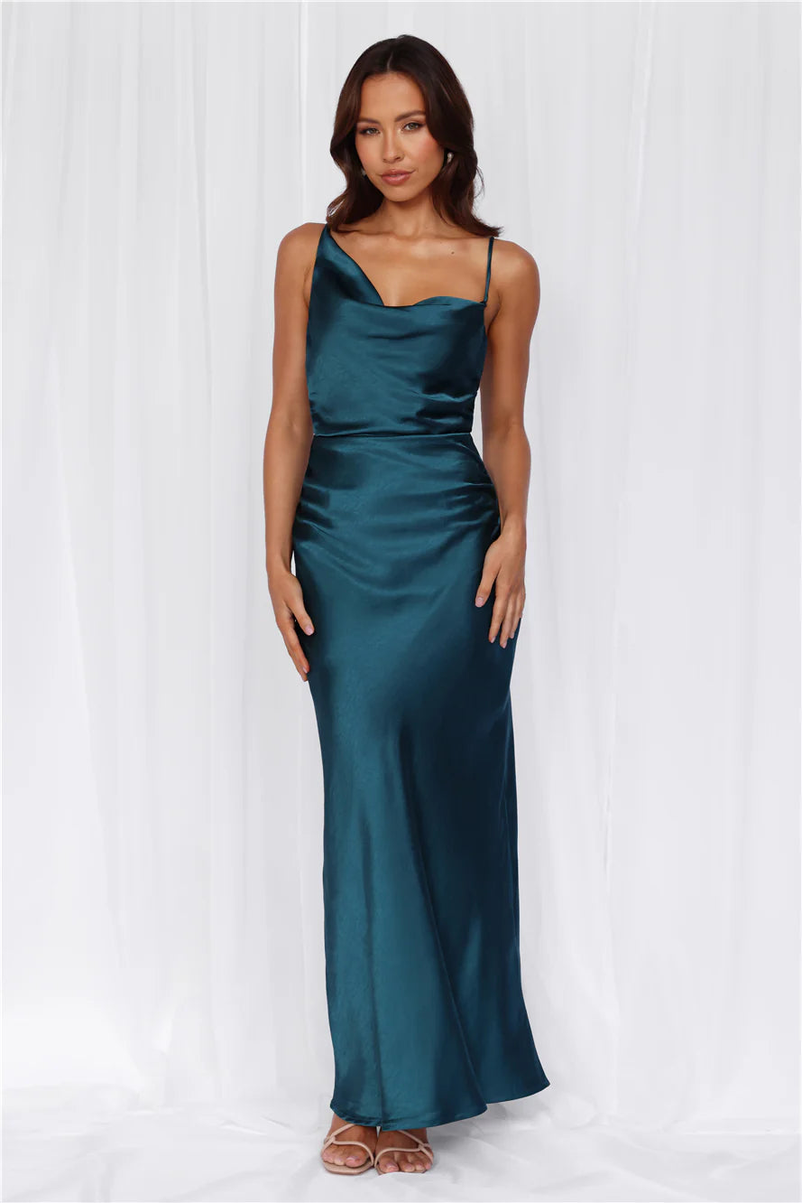 HELLO MOLLY The Madeline Cowl Satin Maxi Dress Teal