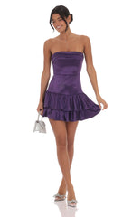 Satin Strapless Ruffle Dress in Purple