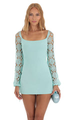 Floral Crochet Long Sleeve Dress in Blue