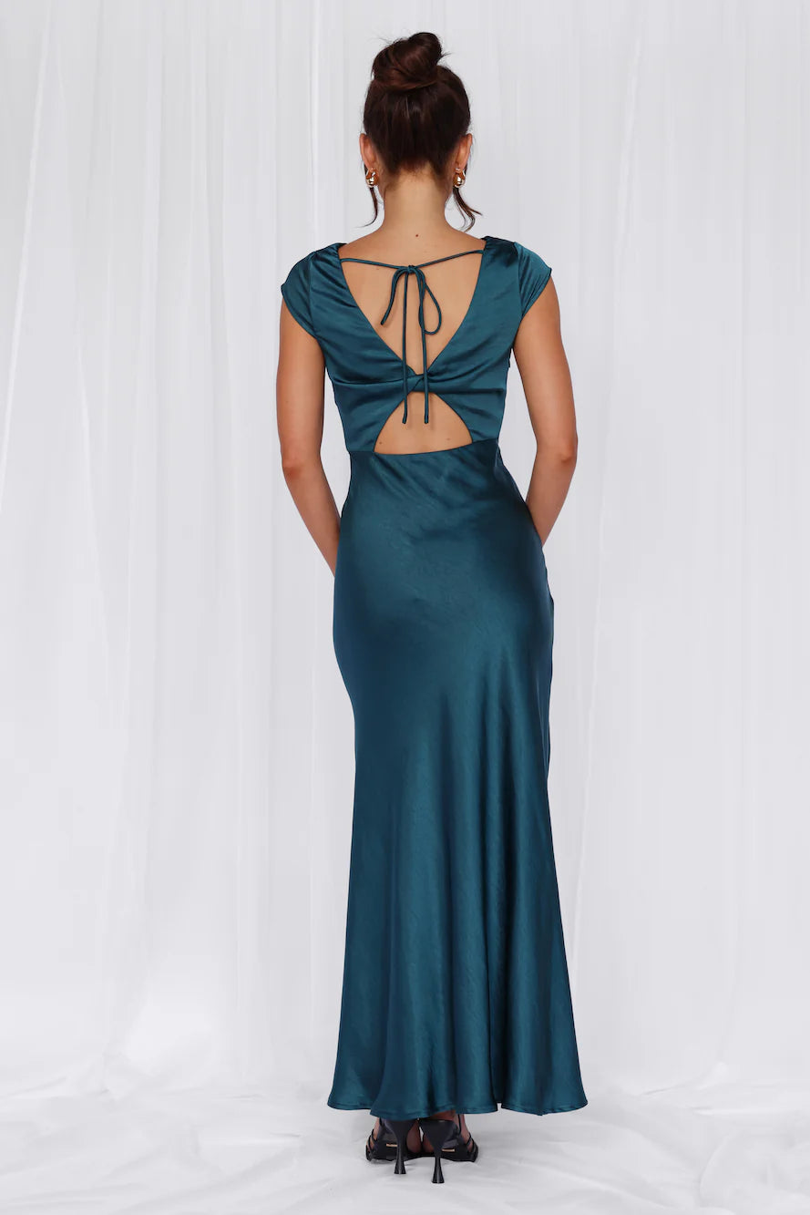 HELLO MOLLY The Valentina Cap Sleeve Satin Maxi Dress Teal