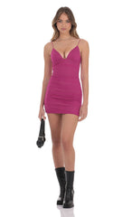 Mesh Ruched V-Neck Bodycon Dress in Magenta
