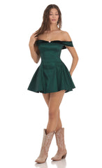 Off Shoulder Velvet Strap A-line Dress in Green