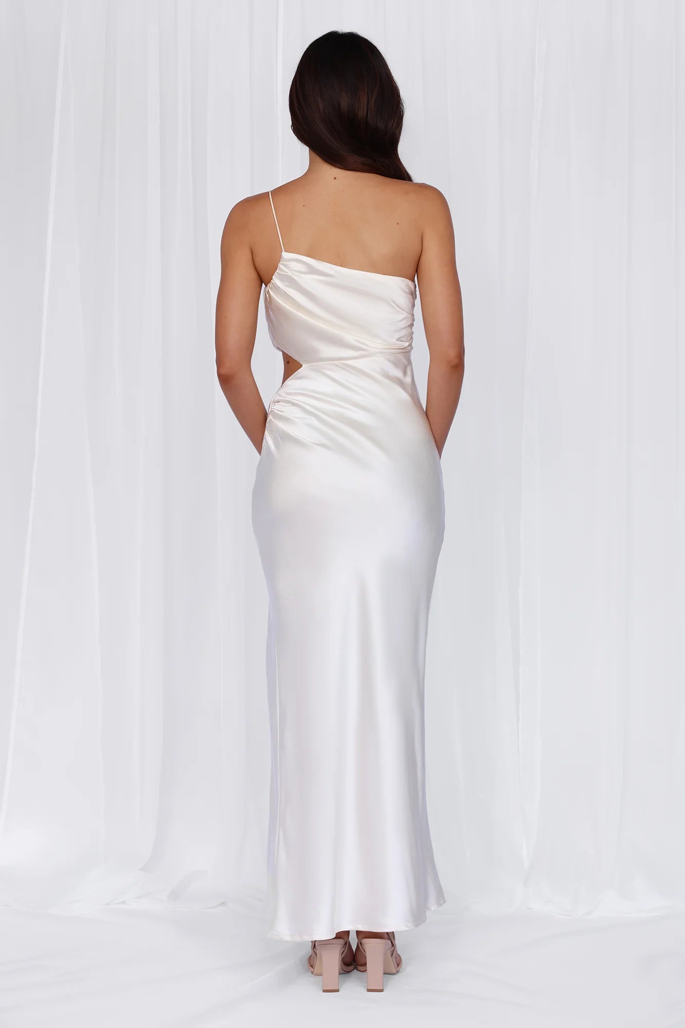 HELLO MOLLY The Opal One Shoulder Satin Maxi Dress Pearl