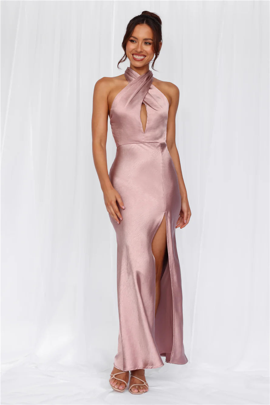 HELLO MOLLY The Adeline Halter Satin Maxi Dress Dusty Pink