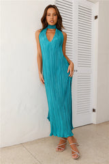 HELLO MOLLY Excitement Plisse Halter Maxi Dress Teal