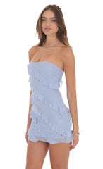 Mesh Rhinestone Strapless Ruffle Dress in Powder Blue