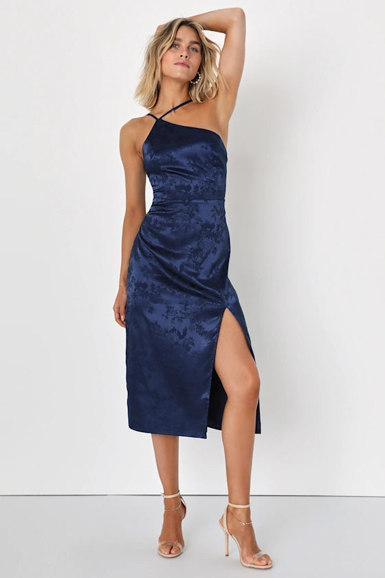 Desirable Dream Navy Blue Satin Jacquard Halter Neck Midi Dress
