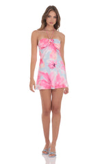 Floral Satin Halter Dress in Pink and Blue