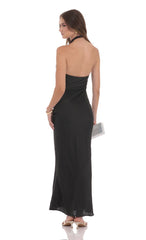 Satin Cross Halter Maxi Dress in Black