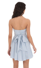 Floral Strapless A-line Dress in Gingham Blue
