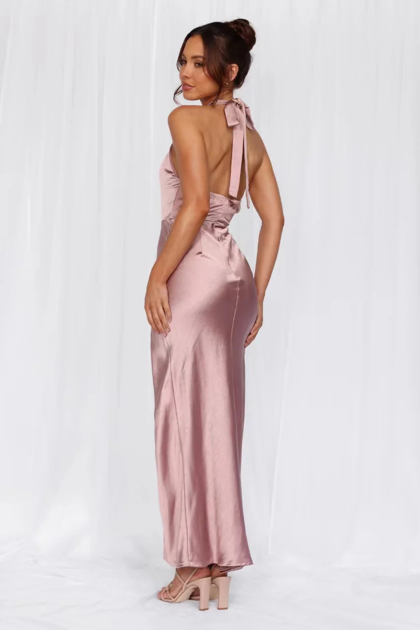 HELLO MOLLY The Adeline Halter Satin Maxi Dress Dusty Pink