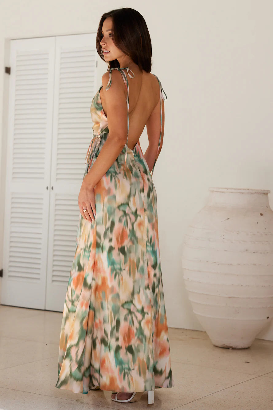 HELLO MOLLY Painted Sunset Satin Maxi Dress Green