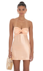 Satin Strapless Twist Cutout Dress in Peach