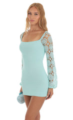 Floral Crochet Long Sleeve Dress in Blue
