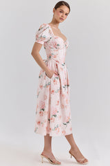 Peach Floral Cotton Puff Sleeve Midi Dress
