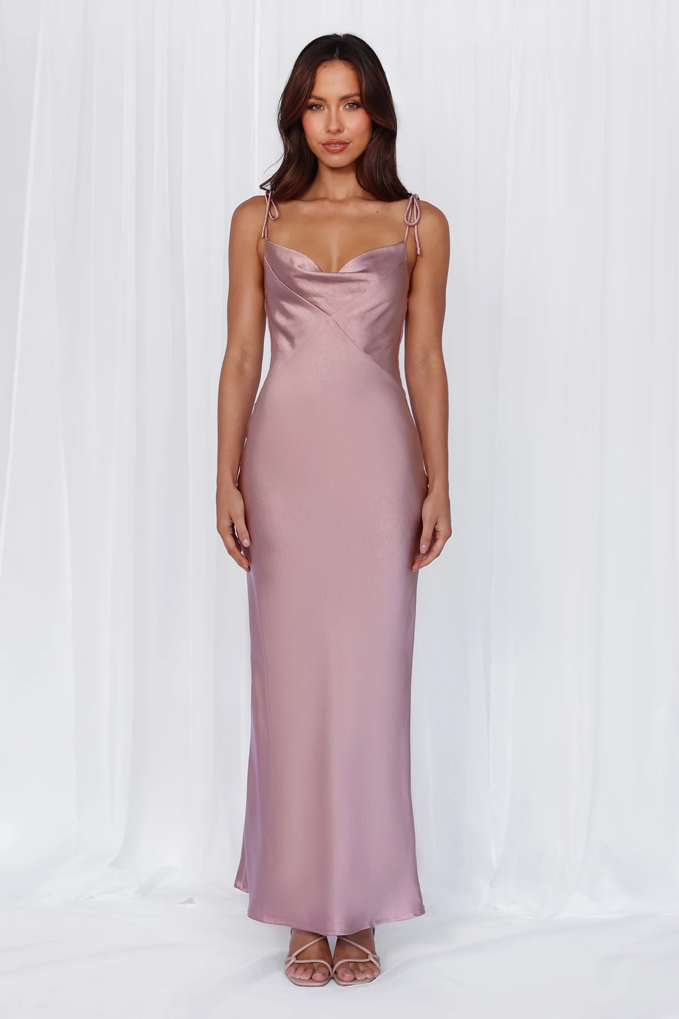 HELLO MOLLY The Penelope Cowl Satin Maxi Dress Dusty Pink