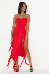 HELLO MOLLY All The Frills Strapless Midi Dress Red