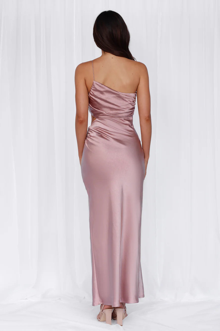 HELLO MOLLY The Opal One Shoulder Satin Maxi Dress Dusty Pink