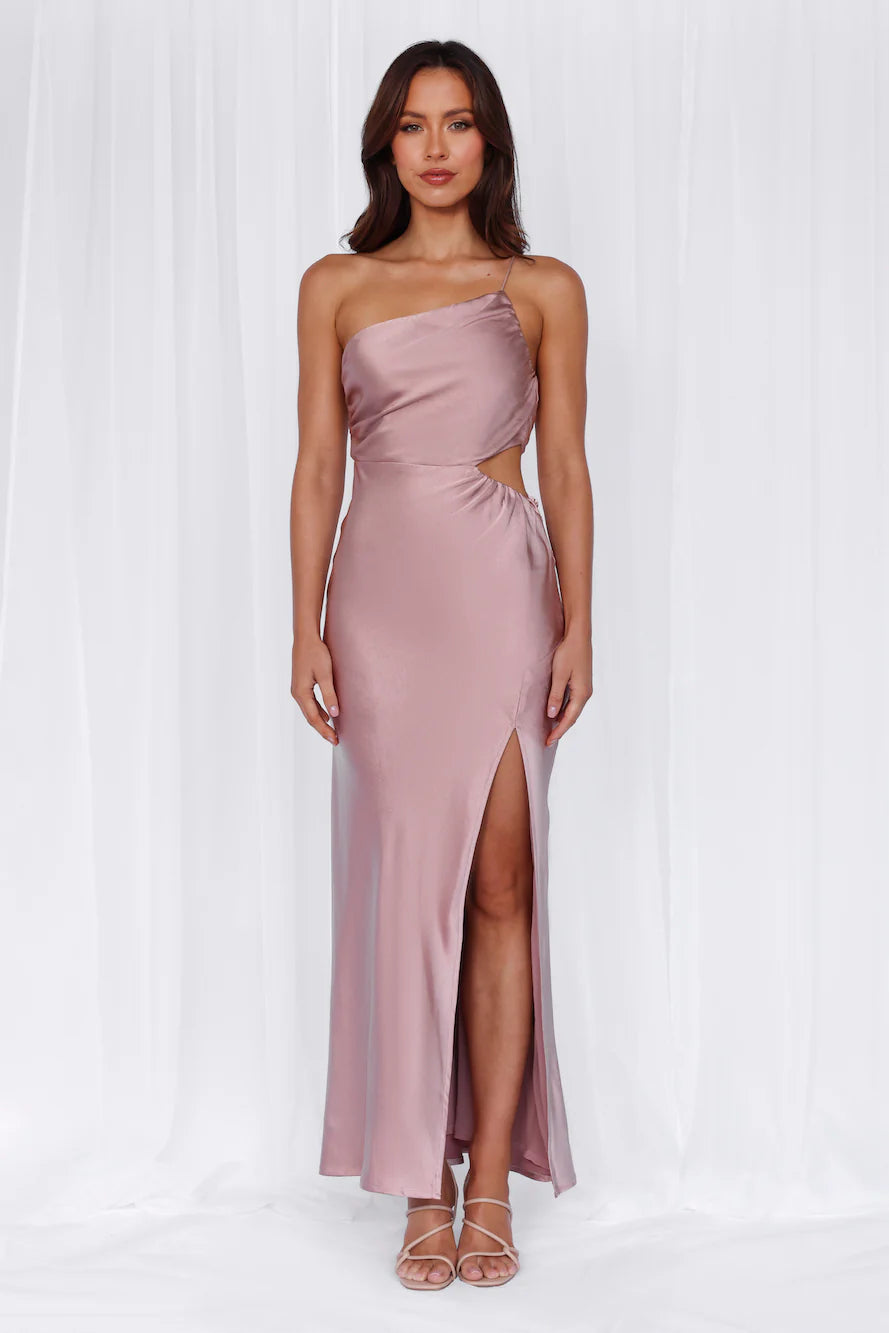 HELLO MOLLY The Opal One Shoulder Satin Maxi Dress Dusty Pink