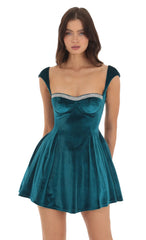 Rhinestone Velvet Puff Dress in Blue