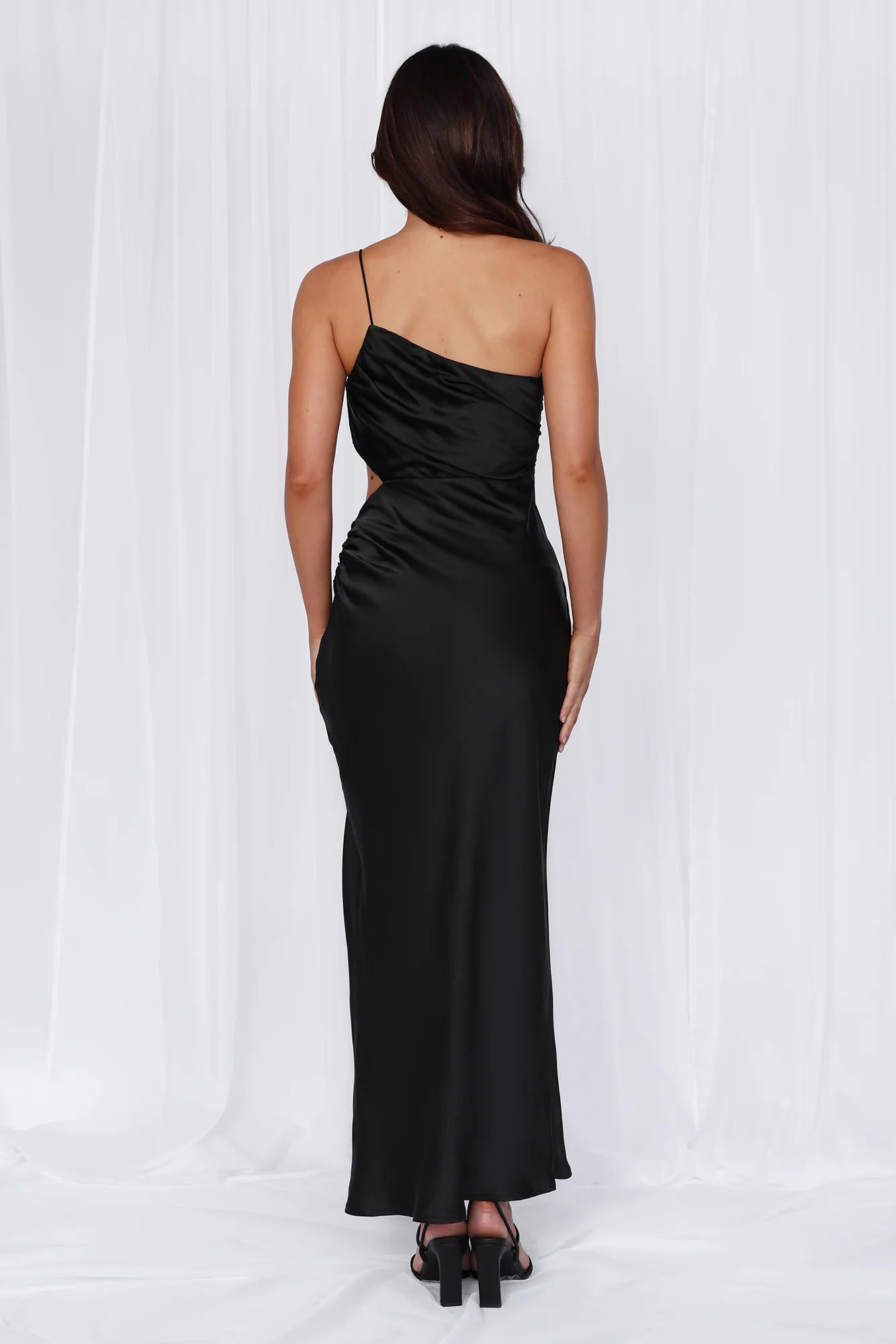 HELLO MOLLY The Opal One Shoulder Satin Maxi Dress Black