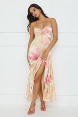 Sea Goddess Strapless Satin Maxi Dress Print