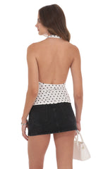 Polka Dot Flower Plunge Neck Top in White