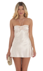 Flower Satin Halter Dress in Champagne