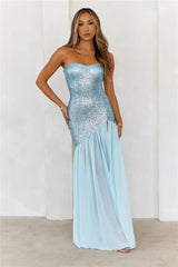 HELLO MOLLY Extravagant Couture Sequin Strapless Maxi Dress Aqua