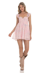 Floral Dotted Babydoll Dress in Pink