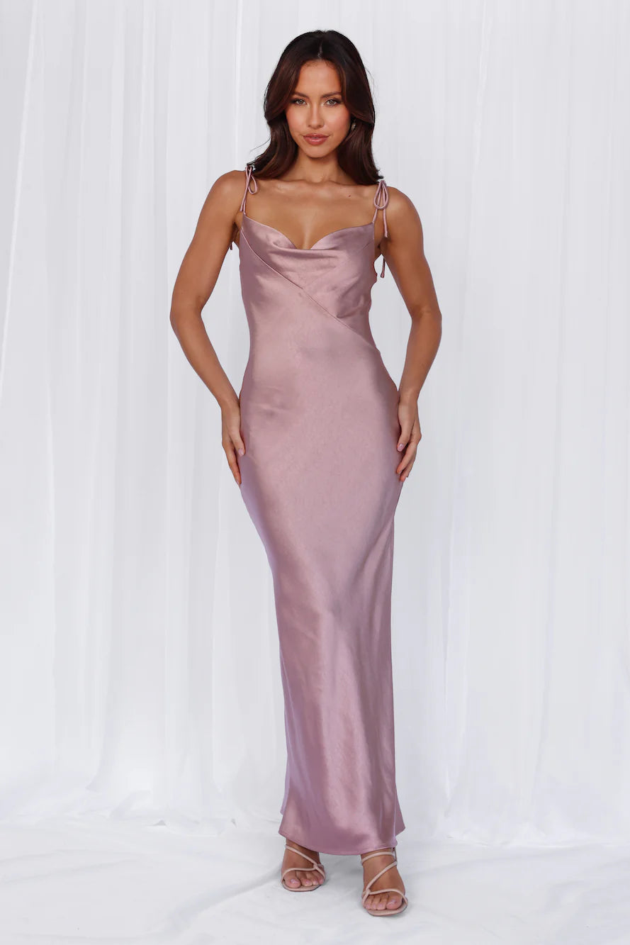HELLO MOLLY The Penelope Cowl Satin Maxi Dress Dusty Pink