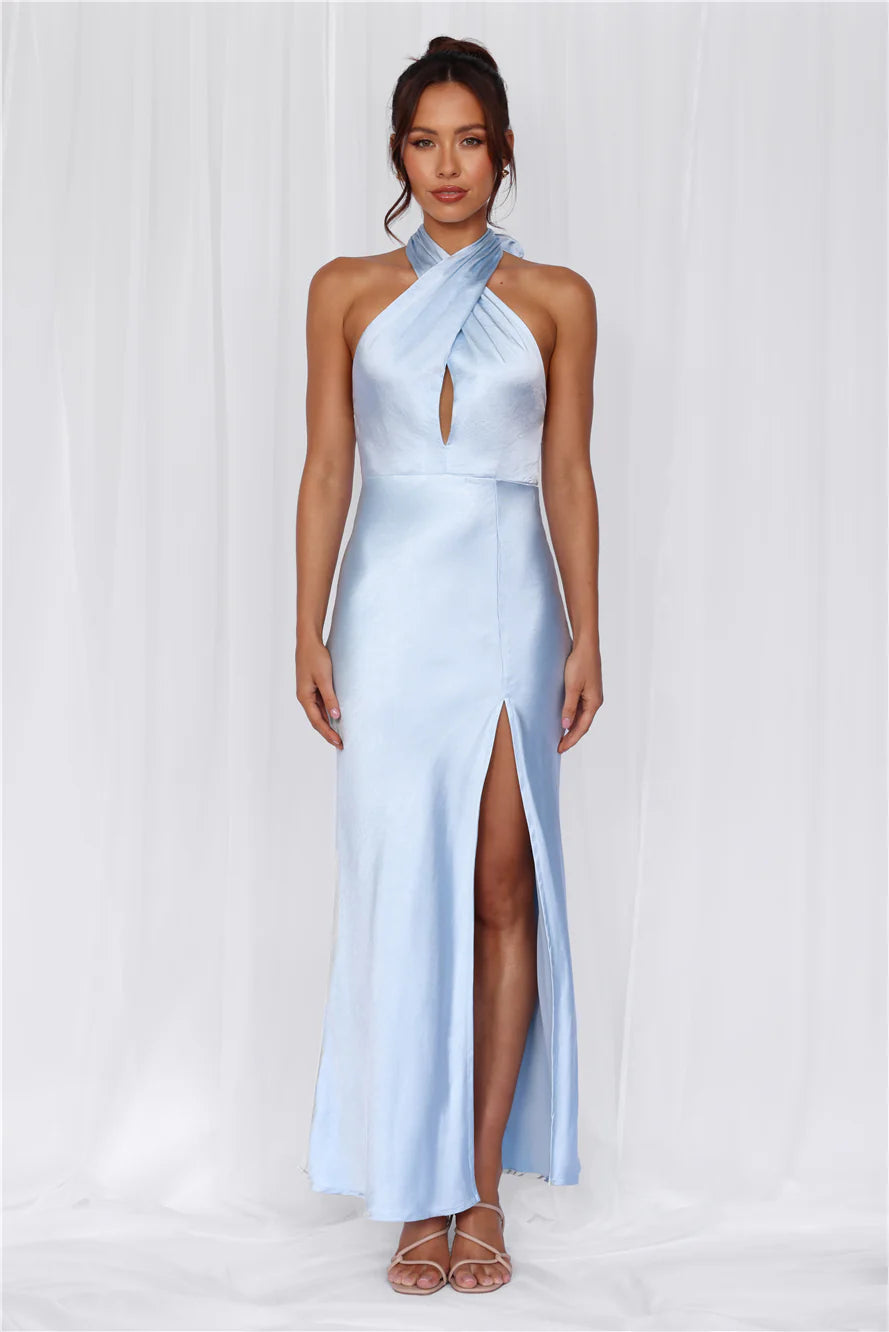 HELLO MOLLY The Adeline Halter Satin Maxi Dress Blue