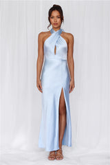 HELLO MOLLY The Adeline Halter Satin Maxi Dress Blue
